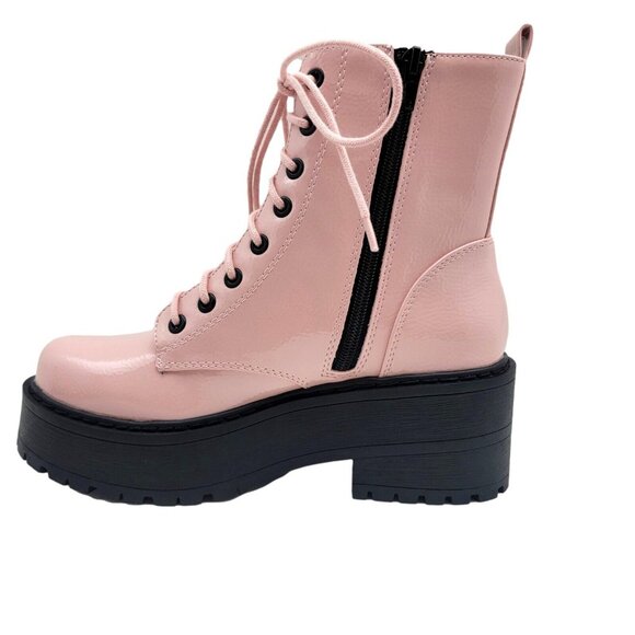 Fling Pink Combat Boots On Chunky Platform with Lug Soles and Side Zipper - Picture 6 of 7